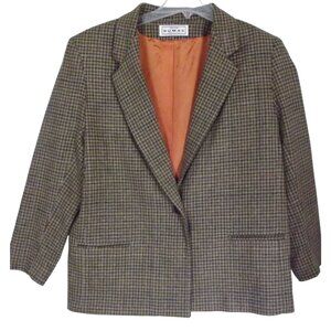 Dumas Houndstooth Wool Blazer Jacket Vtg Womens Size 12P Green Camel Brown